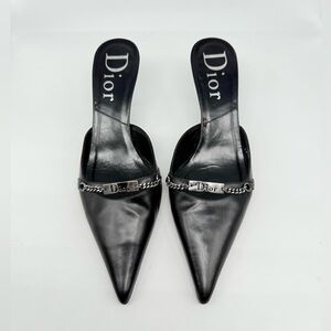 Christian Dior Vintage John Galliano Black Leather Chain Logo Mules heels EU39.5